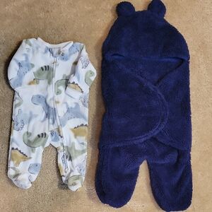 Dinosaur Print Baby Fleece Onesie and Navy Fleece Swaddle Set